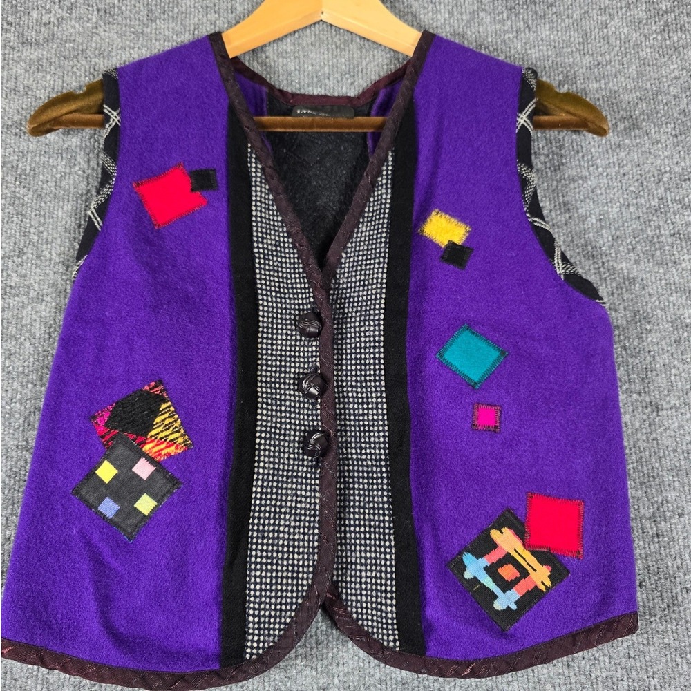 VTG Lynn Murray Purple Wool Vest Patchwork‎ Geometric Applique Buttons Womens XS
